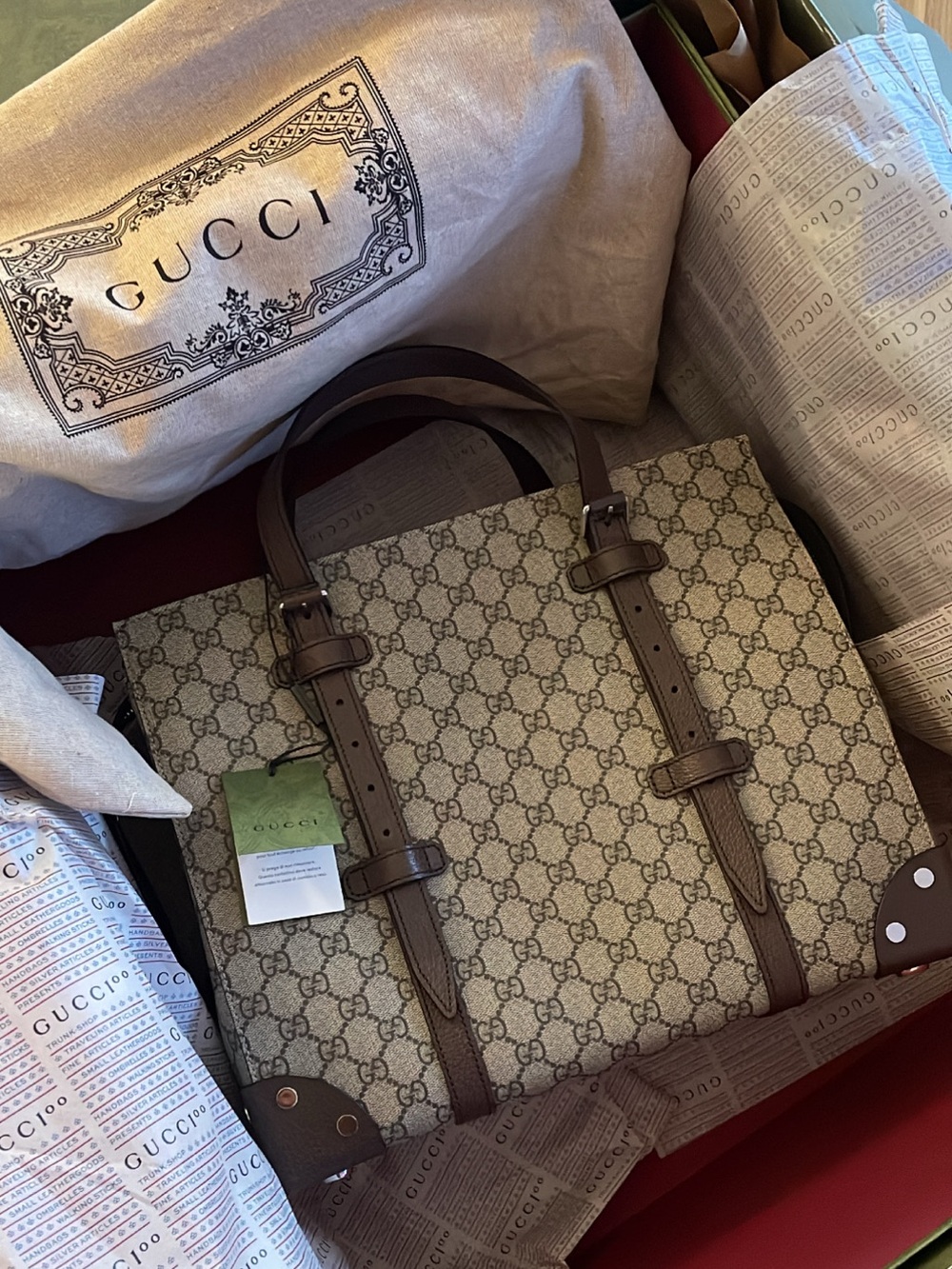 Gucci GG Supreme Bag Canvas Tote with Brown Leather Straps - Picture 7 of 8